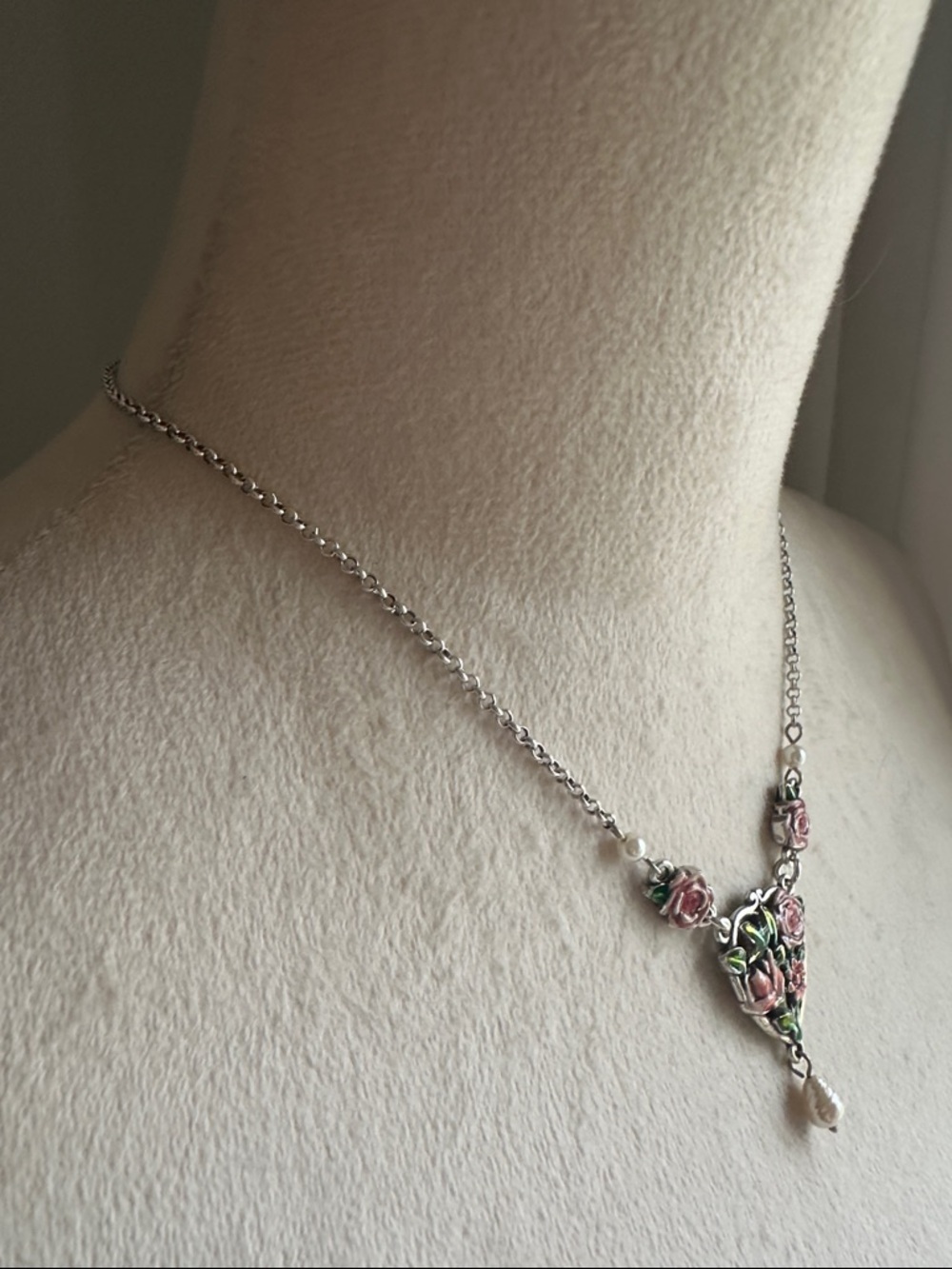 Brighton Silver-Tone Pink Enamel Rose Necklace with Pearl Drop - Picture 5 of 14